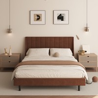 Maßgefertigtes Luxuriöses Samtbezogenes Plattformbett mit Stauraum, Vertikales Kanal-Kopfteil, Minimalistisches Fußteil, Metallbeine - Modern
