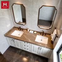 Meuble-lavabo double vasque classique blanc Happy Houses, en bois massif, finition bronze huilé, panneau surélevé, dessus en marbre brun, pour villa