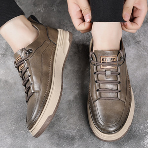Chaussures décontractées en cuir pour hommes, bout rond, style rétro, semelle en caoutchouc amortie, chaussures de marche - Product Image 4