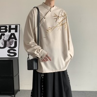 Chemise décontractée à manches longues pour homme, col montant, boutons diagonaux, imprimé bambou, coupe ample, idéale pour le quotidien