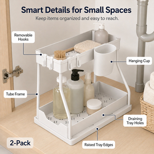 Organisateur de rangement moderne en plastique à double niveau avec tiroir coulissant et crochets, pour comptoir et armoire, en stock en Pologne, livraison directe UE - Product Image 2