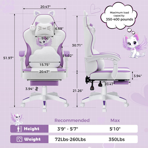 Silla Gamer Económica con Diseño de Gato Adorable y Función de Masaje - Silla Ergonómica de Cuero PU Lila y Blanco para Chicas Adolescentes - Product Image 2