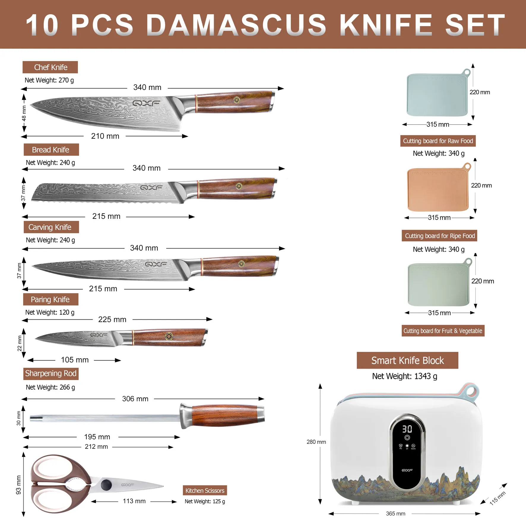 Ensemble de couteaux Damas 67 couches haut de gamme 10 pièces ensemble de couteaux de Chef en bois de rose ensemble de planche à découper avec porte-couteau intelligent