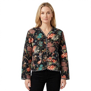 Handmade Short Reversible 100% Organic Cotton Quilted Breathable V-neck Covered Button BLOUSON Jacket <b>Women</b> Floral Autumn Winter - Product Image 1