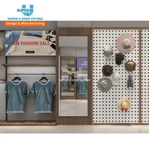 Customized Men Clothing Pegboard Wall Display Furniture Trendy Led Lighting Garment Display Shelf Design