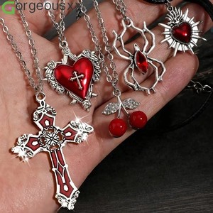 [Gorgeousxx] Ensemble de colliers pendentifs Y2K gothiques avec croix <span class=keywords><strong>rouge</strong></span>, cœur et cerise pour femme, bijoux de fête - Product Image 1