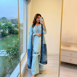 Blue Embroidered Woven <b>Women</b> Salwar Kameez 2-Piece Set Long <b>Coat</b> Palazzo Pants Traditional Outfit for Party Wedding - Product Image 1