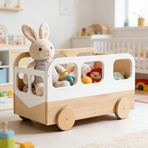 Organisateur de rangement pour jouets en bois rectangulaire moderne <span class=keywords><strong>sur</strong></span> roulettes, <span class=keywords><strong>coffre</strong></span> pour tout-petits avec grande capacité, bac à livres personnalisé blanc - Product Image 3