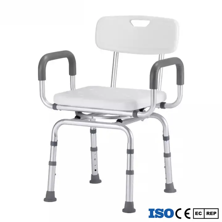 سبائك الألومنيوم ارتفاع قابل للتعديل للماء تدوير 360 درجة قطب كرسي استحمام مع مقعد مبطن
