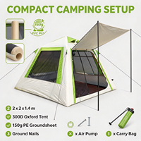 Tente de camping gonflable d'extérieur robuste en PVC 0,52 mm, 2x2 m, avec une porte, trois fenêtres, résistante au vent, avec auvent avant