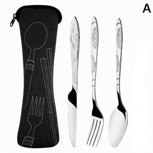Ensemble de couverts en acier 3/4 pièces, couteaux, fourchettes, cuillères, pour la famille, les voyages, le camping, ensemble de vaisselle quatre pièces avec étui - Product Image 3