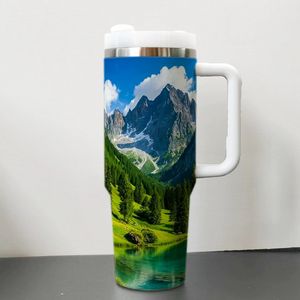 Gobelets isothermes en acier inoxydable de 40 oz, à double paroi, anti-fuite, écologiques, avec couvercle et paille, motif Montagne Rivière Lac, pour voiture - Product Image 2