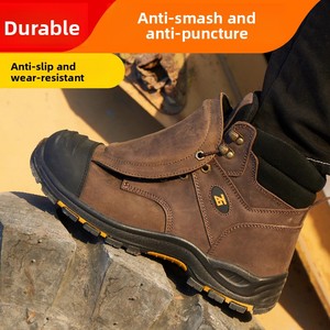 Chaussures de travail montantes pour hommes en cuir de vachette véritable, toutes saisons, anti-perforation, résistantes à l'usure, avec embout de sécurité en acier - Product Image 4