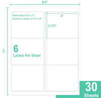 Autocollants adhésifs imperméables et résistants à l'huile sans BPA, 3-1/3 x 4 pouces, 6 par lots, papier vierge pour adresse postale et code-barres