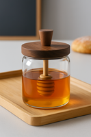 Pot à miel en verre borosilicate de haute qualité avec couvercle en bois d'acacia et cuillère en bois |   Rangement pour condiments pour la cuisine et les cadeaux