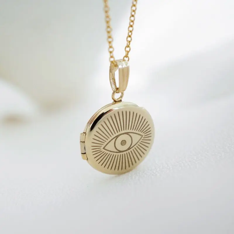 Custom Engraved Locket Photo Frame Pendant Necklace 14k Gold Eye Protection Dainty Round Mini Locket