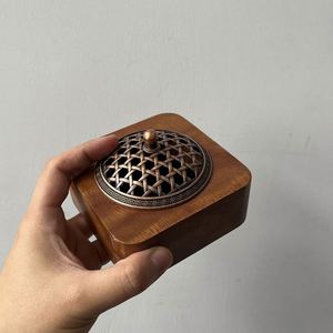 Aromatherapy Holder Square Wooden Incense Burner with Retro <b>Metal</b> <b>Grid</b> Lid - Product Image 1
