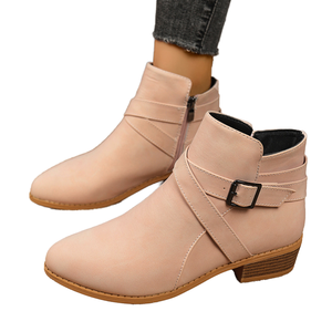 Botines de tacón cuadrado para mujer, estilo retro, con cremallera lateral, hebilla, suela de goma, parte superior de PU, tacón grueso, para otoño - Product Image 1