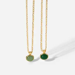 Tarnish Free Semi Stone Jewelry 14K Gold Plated Green Onyx Gemstone Pendant Green Aventurine Necklace Figaro Chain Necklace