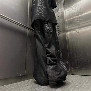 <span class=keywords><strong>Jeans</strong></span> da Uomo Personalizzabili Stile Y2K con Ricamo Vintage Classici <span class=keywords><strong>Neri</strong></span> a Gamba Larga e Dritta Vestibilità Ampia Lavati Pesanti Baggy - Product Image 3