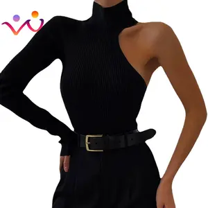 2023 Spring Autumn One Shoulder Ribbed Knitted Elegant Bodysuit Women Skinny Tops Party Sexy Cut Out Bodysuits Clothes