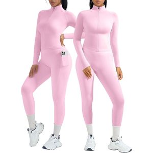 <b>Workout</b> Sets For Women Booty Leggings Matching Zip Up <b>Jacket</b> Gym Outfits With Pockets Rose Pink XL Slim Fit - Product Image 1