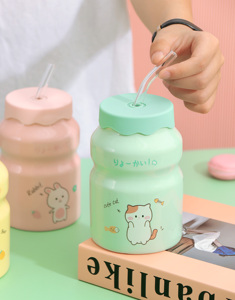 ขวดนมเซรามิคดีไซน์การ์ตูนน่ารัก ขนาด 15 ออนซ์ พร้อมฝาและหลอดดูด แก้วเซรามิค ขวดน้ำ - Product Image 1