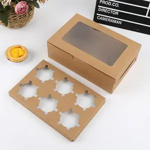 6 Gaten Cupcake Box Kerst Cadeau Ei Taart Muffin Cakehouders Bruin Witte Dozen Met Raam En Plug-In