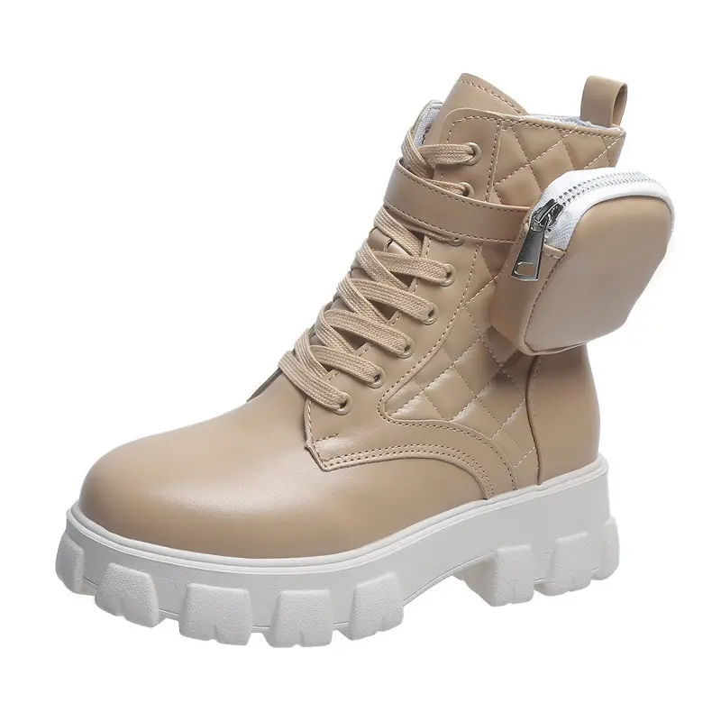 Dames Winter Biker Gothic Chunky Laarzen Casual Mid Kuit Veterschoenen Met Zakken Met Zijtasje