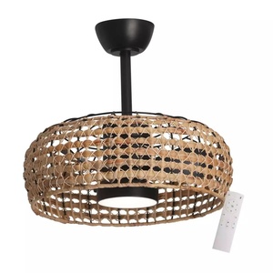Ventilateur de plafond LED en rotin tressé avec lumière, style vintage, lampe suspendue simple pour la décoration du salon ou du bar - Product Image 1