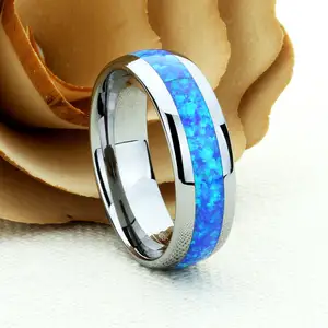 Hot Selling Ready To Ship 8mm Tungsten Carbide Men Rings Tungsten Band Inlay Natural Blue Fire Opal Jewelry In Stock