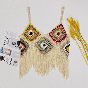 <span class=keywords><strong>Gilet</strong></span> court en <span class=keywords><strong>crochet</strong></span> fait main avec franges, motif carré Granny, idéal pour l'<span class=keywords><strong>été</strong></span>, pour femme - Product Image 2