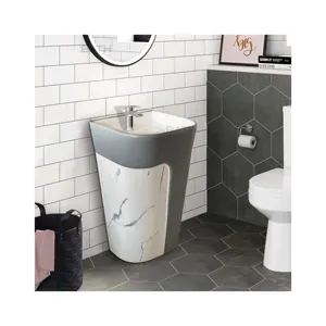 ORTONBATH矩形陶瓷壁挂一体式基座盆水槽浴室洗手盆，带大理石纹理 + 灰色