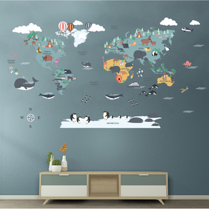 Removable <strong>School</strong> <strong>Classroom</strong> <strong>Decoration</strong> 3d Cartoon Animal World Map Wall Stickers for Kids Room - Product Image 3