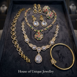 Luxury Brass Gold Plated Cz Zircon Multi Stone Necklace Earring Bracelet <b>Bangle</b> Combo Indian Bridal Jewelry <b>Set</b> - Product Image 2