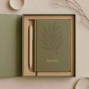 Olive Green Notebook Gift Set Debossed <b>Leaf</b> Design Minimalist PU Leather Journal and Beige Pen in Gift Box - Product Image 1