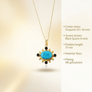 Blue Turquoise Jewelry Black Quartz Accents Sunburst Pendant Necklace 18K Gold Plated Brass Chain Wedding Gift for Women - Product Image 2