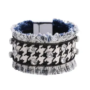 2021 Boho Jewelry Chunky Wrap Denim Fabric Bracelet High Quality Denim Tassel Crystal Cuff Bracelet Wholesale