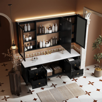 Meubles de salle de bain rétro muraux, armoire flottante texturée ondulée avec cadre incurvé et miroir de rangement LED