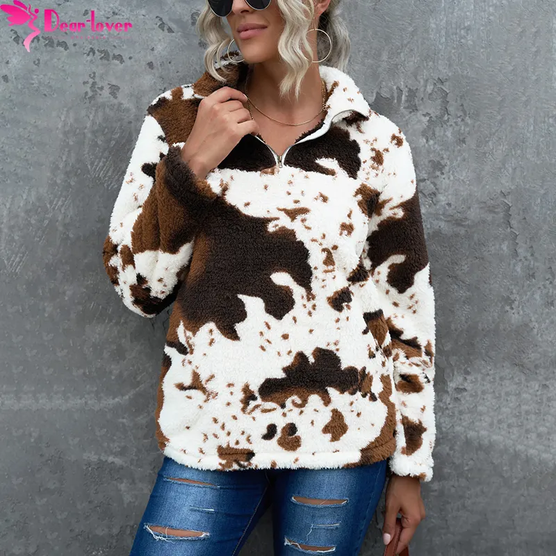 Dear-Lover Modieuze Tops Trui 1/4 Kwart Zip Koe Print Fleece Sweater Vrouwen
