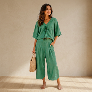 Ensemble deux pièces pour femmes, haut à manches courtes col en V, pantalon large avec poche, vert uni, style bohème, coupe ample, printemps été, décontracté - Product Image 4