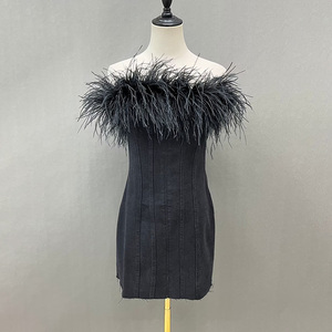 2023 Spring Pretty <strong>Fur</strong> <strong>Dress</strong> Fluffy <strong>White</strong> Ostrich Feather Denim <strong>Dress</strong> Women - Product Image 1