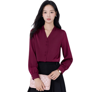 Burgundy V-neck Long Sleeve Blouse Women Solid Color Polyester Work Shirt 2025 Autumn Top Formal Office Wear - Product Image 5