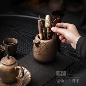 Shangyan Tea Ceremony Six Gentlemen <b>Set</b> Black Sandalwood <b>Ceramic</b> Holder With Tea Tongs <b>Knife</b> Spoon Brush Cup Fork Durable - Product Image 4