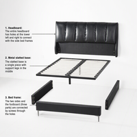 Lit en fer rembourré en cuir PU véritable noir moderne et confortable avec rangement, taille King/Queen, cadre en bois de pin, chambre à coucher, garantie 1 an