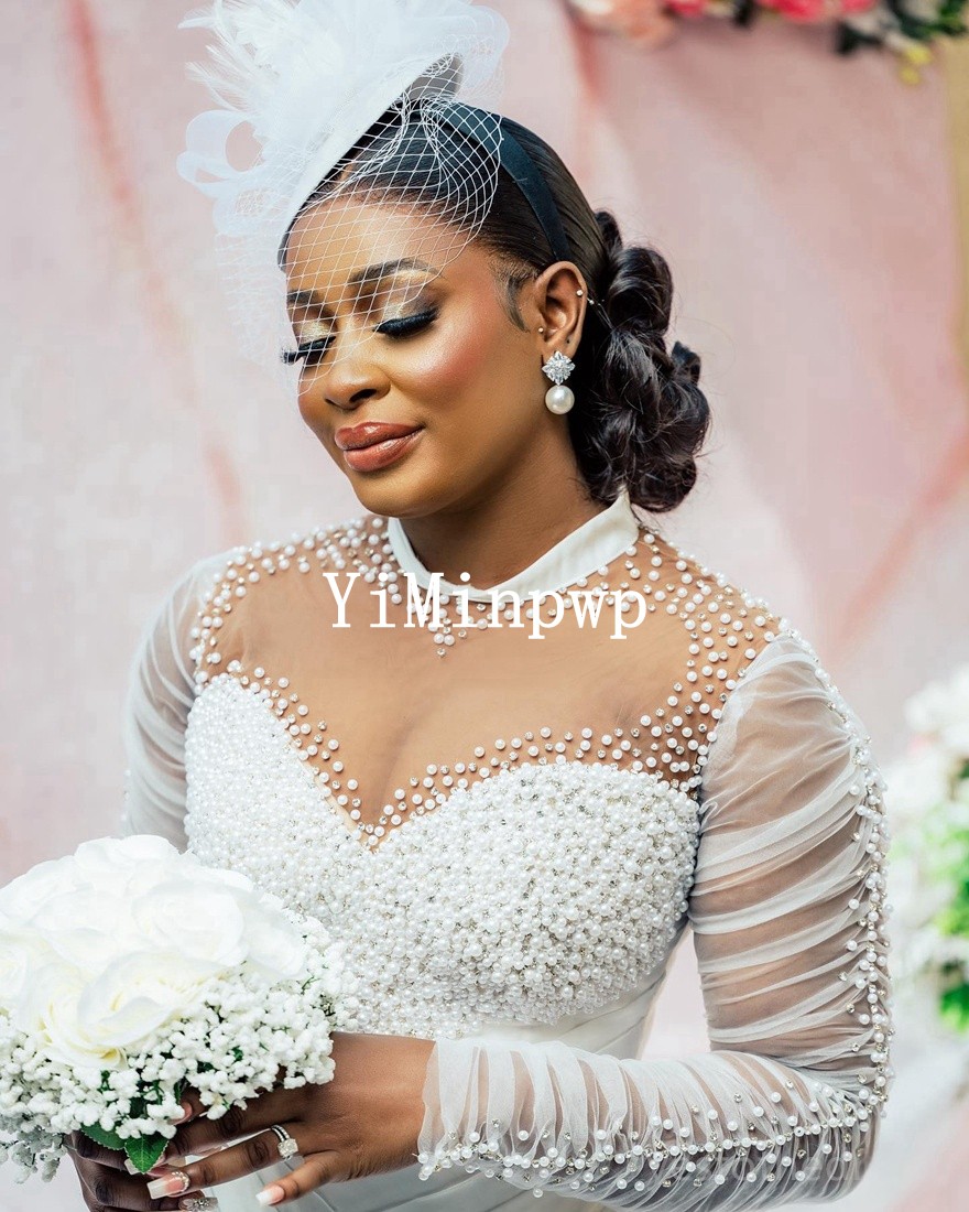 Arabic Civil Wedding Dress - Customized High Collar Long Sleeve Beaded  Pleats Tea Length Gown for Traditional African Brides