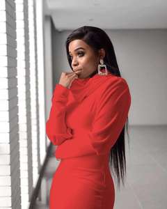 Gaun gaya Eropa dan Amerika Serikat, gaun musim gugur lengan panjang warna polos klasik baru, gaun kerah tinggi lengan lampion baru - Product Image 2