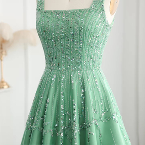 Fait sur mesure luxe perlé Dubai vert robes de soirée avec bretelles spaghetti femmes arabes robes de soirée de mariage Sz225-1 - Product Image 6
