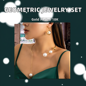 طقم قلادة وأقراط جديد بتصميم هندسي بسيط مطلي بالذهب مع سلسلة عظم الترقوة للحفلات والأعراس - Product Image 2