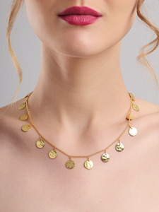 Shimmering <b>Disc</b> Fringe Necklace <b>Gold</b> Tone Multi Drop Chain Minimal Choker Style Elegant Lightweight Jewelry for Women - Product Image 6